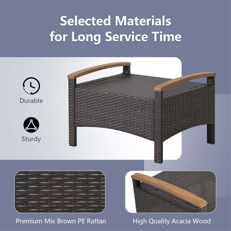 2PCS Patio PE Rattan Ottomans w/ Acacia Wood Handle & Removable Cushion, 3-in-1 Wicker Outdoor Footrest Seat & Side Table for Poolside, Backyard