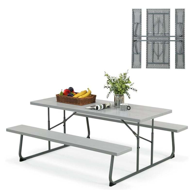 8-Person 6FT Folding Picnic Table & Bench Set, Heavy Duty All-Weather HDPE Outdoor Dining Table with Umbrella Hole & 2 Built-in Benches