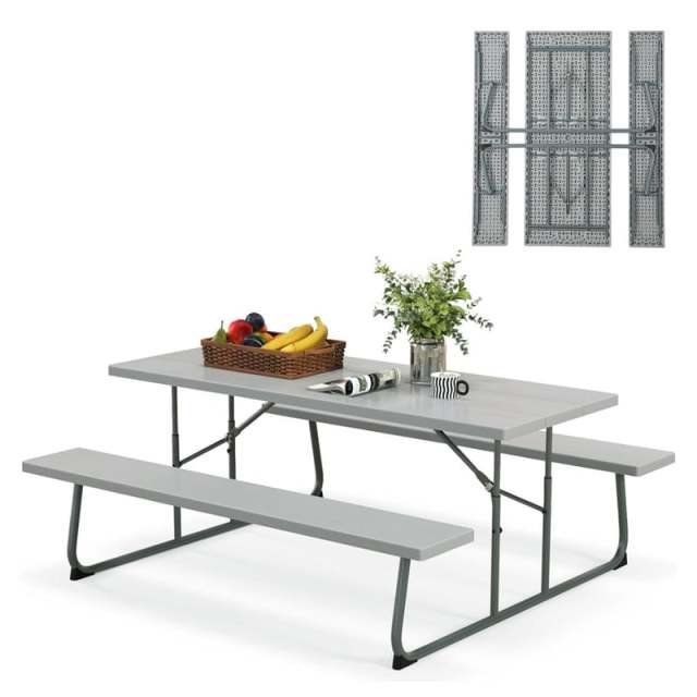 8-Person 6FT Folding Picnic Table & Bench Set, Heavy Duty All-Weather HDPE Outdoor Dining Table with Umbrella Hole & 2 Built-in Benches