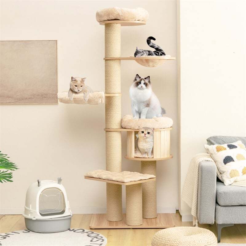 75" Tall Cat Tree, Multi-Level Cat Tree Tower with Cat Condo, Sisal Scratching Posts, Hammocks, Basket Bed & Washable Cushions for Large Indoor Cats
