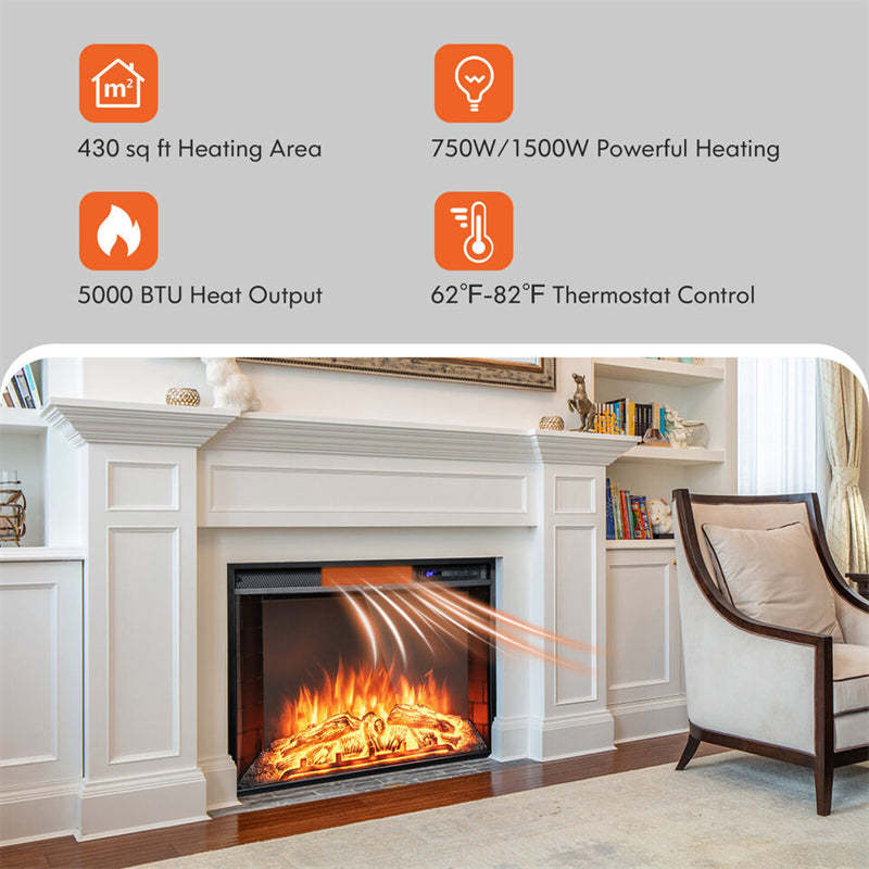 26" Electric Fireplace Insert, 750W/1500W Recessed Wall Fireplace Heater with Remote Control, Adjustable Flame Effect, 5H Timer & Overheat Protection