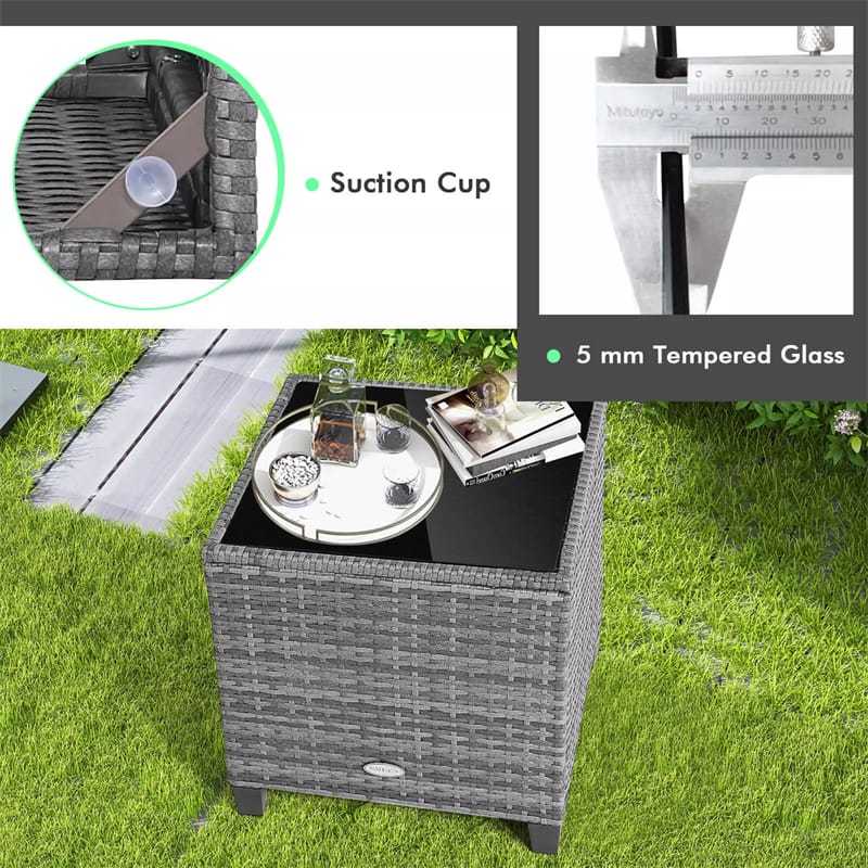 3PCS Patio Rattan Furniture Set Outdoor Conversation Set Wicker Bistro Set with Cushioned Chairs & Tempered Glass Side Table