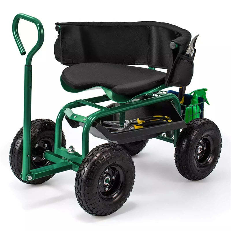Rolling Garden Cart, Height Adjustable Garden Scooter with 360° Swivel Work Seat, Tool Tray, Storage Basket & Handle for Yard Gardening Work