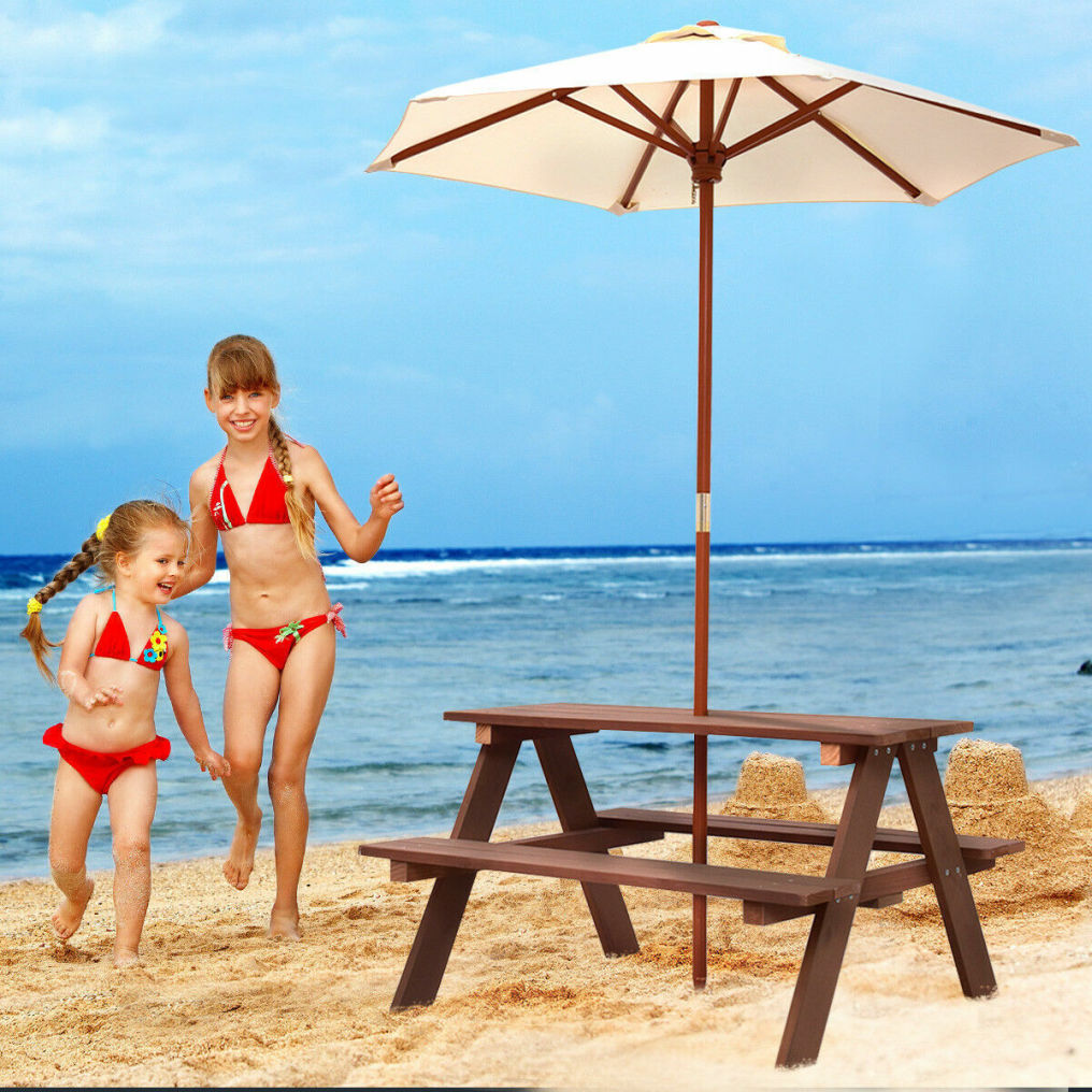 Kids Picnic Table, Outdoor Wooden Children Table & Bench Set with Removable Umbrella, Kids Patio Furniture Activity Table & Chair for Garden Backyard