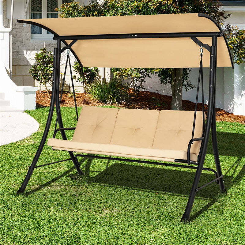 3-Seat Outdoor Porch Swing with Adjustable Canopy & Removable Cushions, Steel Frame Patio Swing for Garden, Backyard, Balcony, Poolside