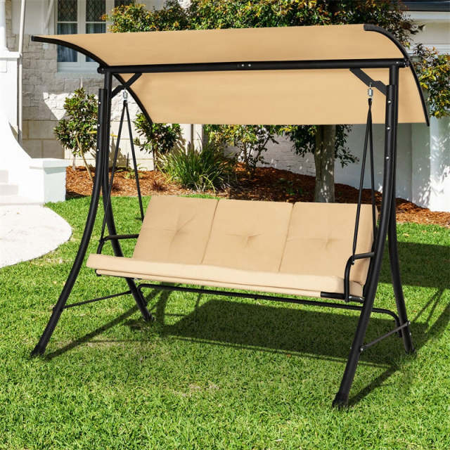 3-Seat Outdoor Porch Swing with Adjustable Canopy & Removable Cushions, Steel Frame Patio Swing for Garden, Backyard, Balcony, Poolside