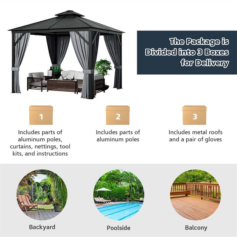 10 x 10FT Double-Top Outdoor Hardtop Gazebo with Galvanized Steel Roof & Netting