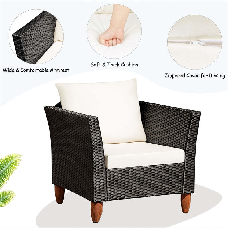 3 Piece Patio Rattan Conversation Set Outdoor Wicker Furniture Set Bistro Sofa Set with Acacia Wood Top Coffee Table & Cushions