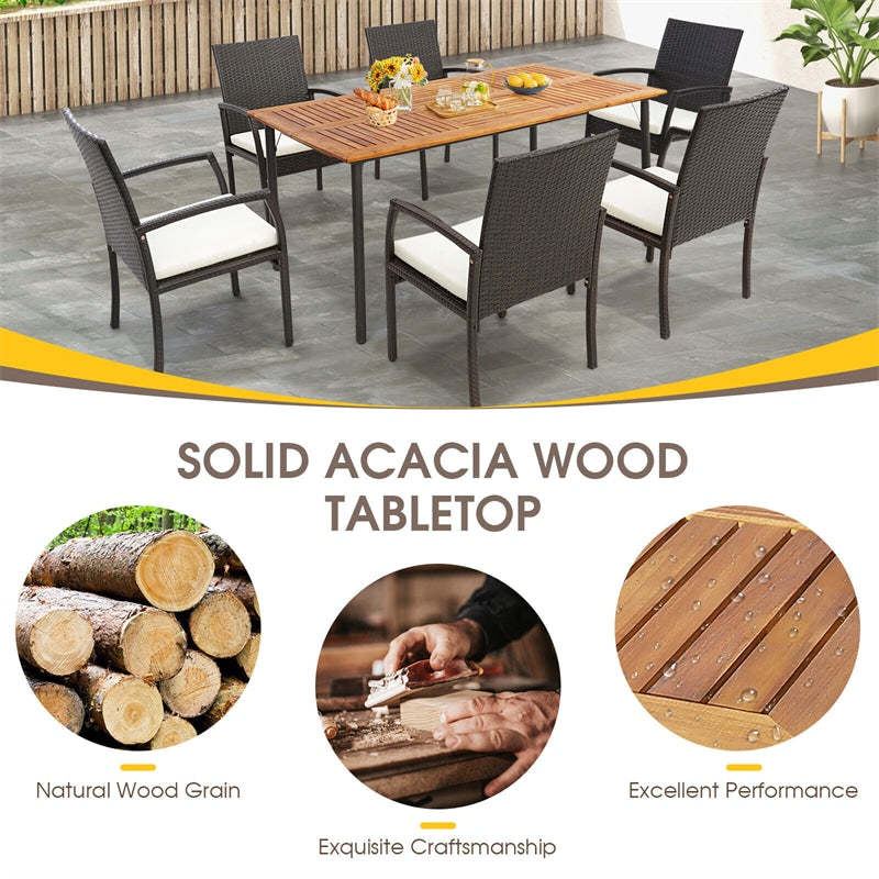 63" Acacia Wood Patio Dining Table, 6-Person Rectangular Dining Table with 1.9" Umbrella Hole & Metal Legs for Indoor Outdoor, Deck, Backyard
