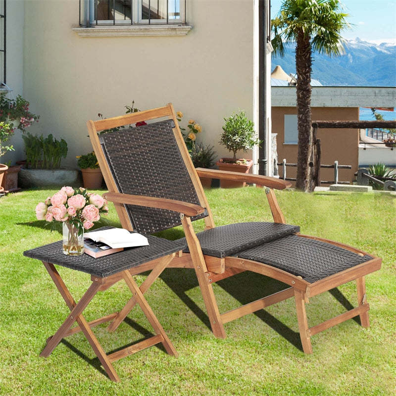 2-Piece Acacia Wood Folding Wicker Patio Lounge Chair Side Table Set with Retractable Footrest