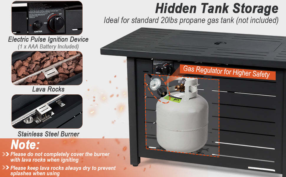 42" Rectangular Propane Fire Pit Table 60,000 BTU Gas Fire Pit with Solid Steel Frame & Waterproof Cover for Patio Backyard