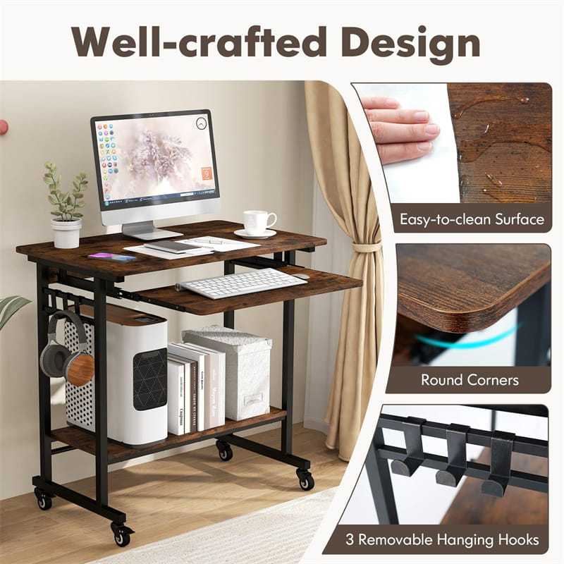 Rolling Computer Desk Cart, Mobile Laptop Desk with Keyboard Tray & CPU Stand, Industrial Small Desk on Wheels for Small Spaces, Home Office, Bedroom