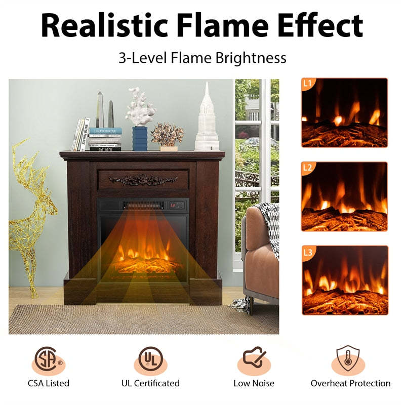 32" Electric Fireplace with Mantel, 1400W Freestanding Wood Mantel Heater with 3D Flame Effect, Remote, Thermostat, 6H Timer, CSA Certified