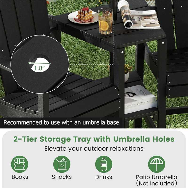 Tall Adirondack Chairs Set of 2, Outdoor HDPE Bar Stools with Double Connecting Tray & Umbrella Hole, All-Weather for Patio, Poolside, Backyard