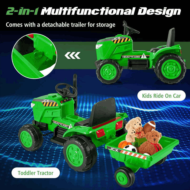 2-in-1 Kids Ride On Tractor with Detachable Trailer, 12V Electric Toy Car with Remote Control & LED Lights, Toddler Tractor for 3-8 Years