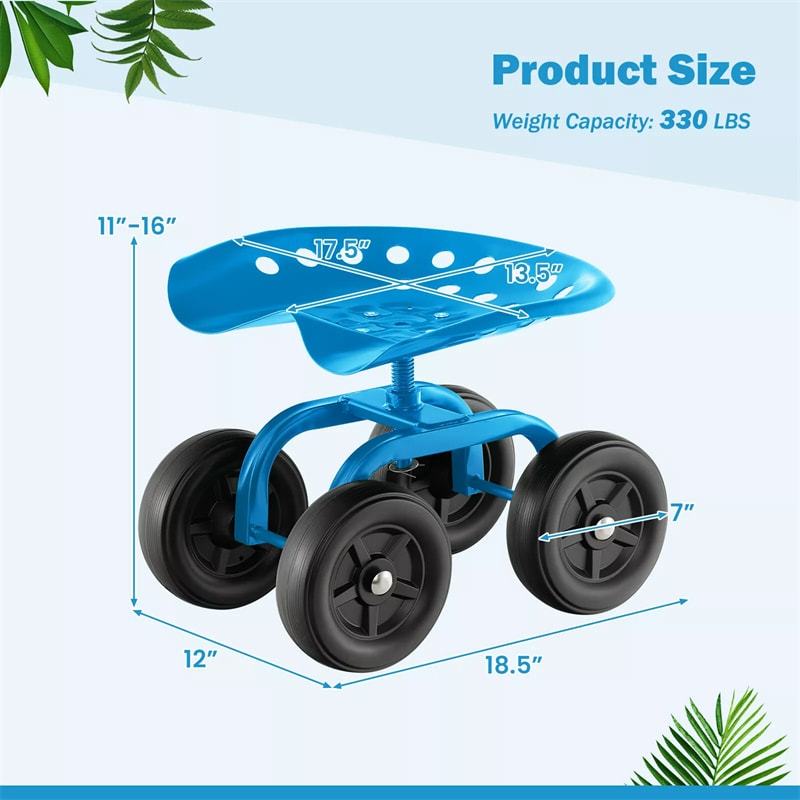 Heavy Duty Garden Cart with 360° Swivel Seat & Wheels, Height Adjustable Rolling Gardening Seat Utility Stool Cart Garden Scooter for Planting