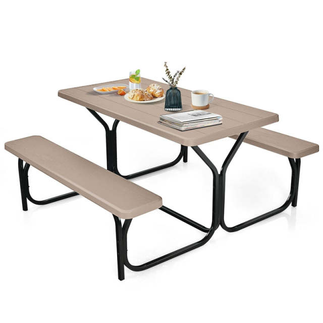 Outdoor Picnic Table Bench Set, All-Weather Metal Frame Camping Table with Built-in Benches & Wood-Like Tabletop for Backyard, Patio, Poolside