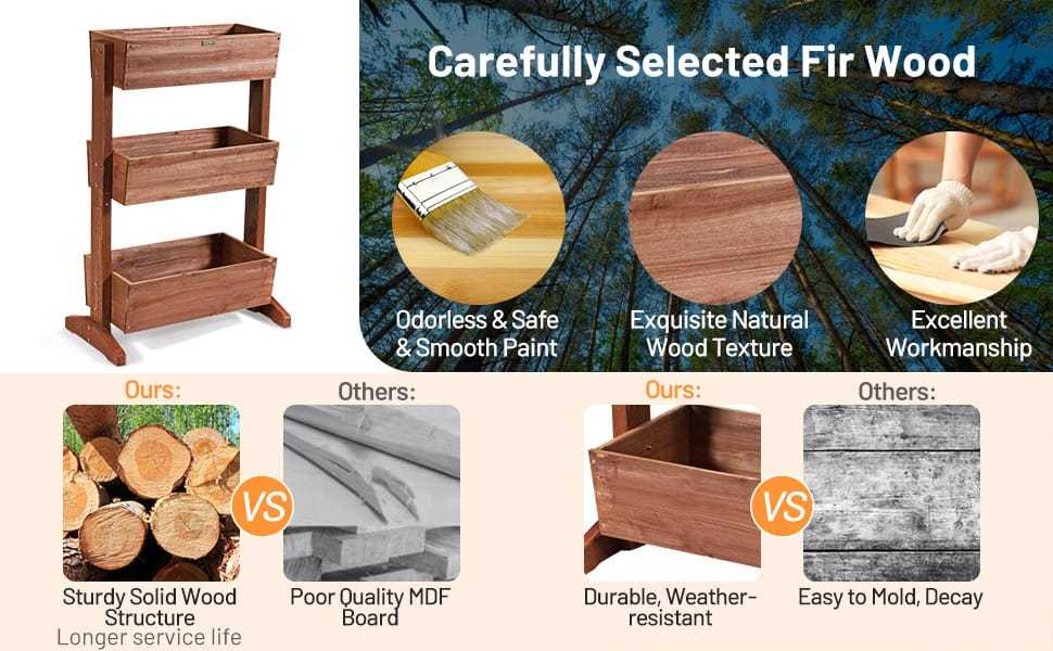 3-Tier Wooden Vertical Raised Garden Bed, Freestanding Tiltable Elevated Planter with 3 Drainage Boxes, Fir Wood Flower Rack for Vegetables & Herbs