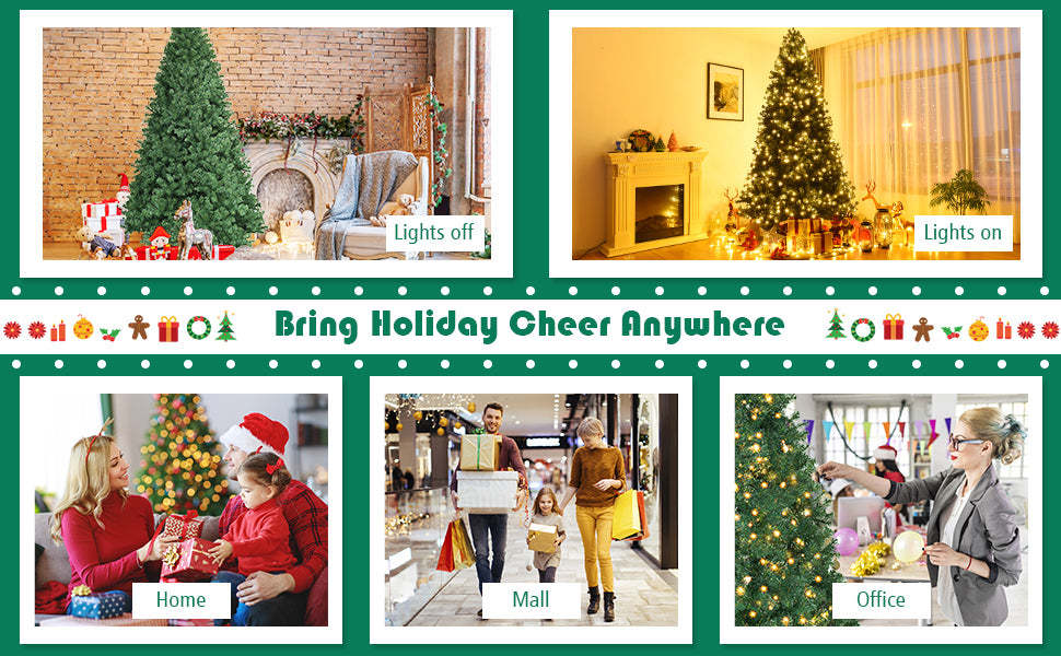 9ft Pre-lit Christmas Tree Spruce Hinged Artificial Xmas Tree with 700 LED Lights & Solid Metal Stand