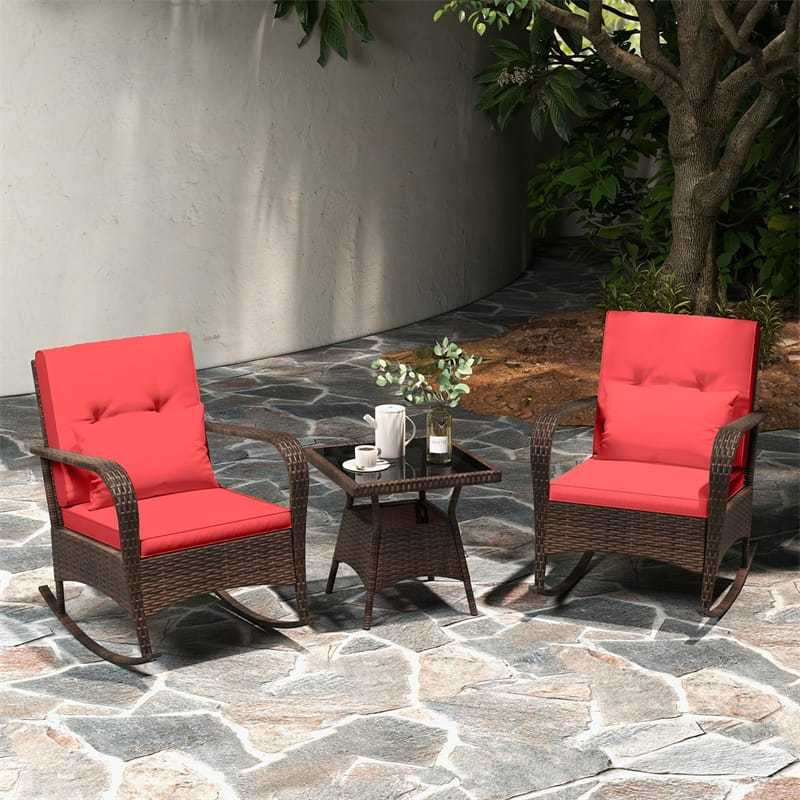 3-Piece PE Rattan Rocking Bistro Set with Removable Cushions & Tempered Glass Table, Outdoor Patio Furniture Set for Porch, Poolside, Backyard