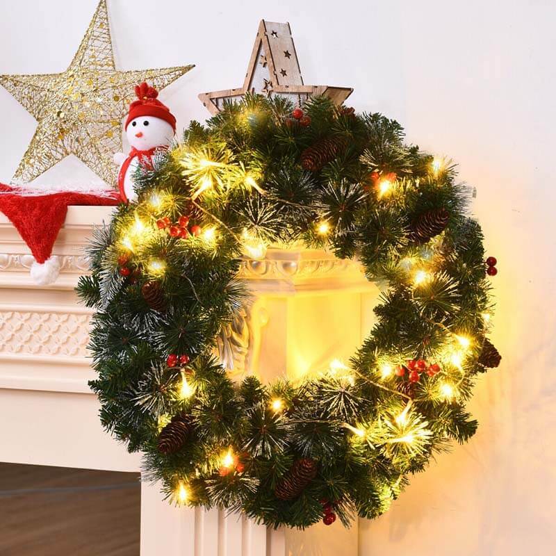 24 Inch Pre-lit Christmas Spruce Wreath with 8 Flash Modes