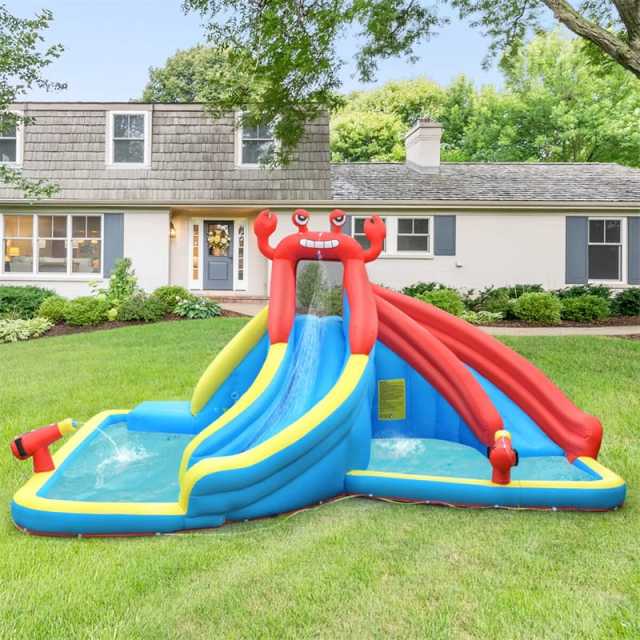 Inflatable Water Slide, Crab Theme Bounce House Water Park with 950W Blower, Splash Pool, Dual Slide for Racing/Hide & Seek Cave, Kids Backyard Party