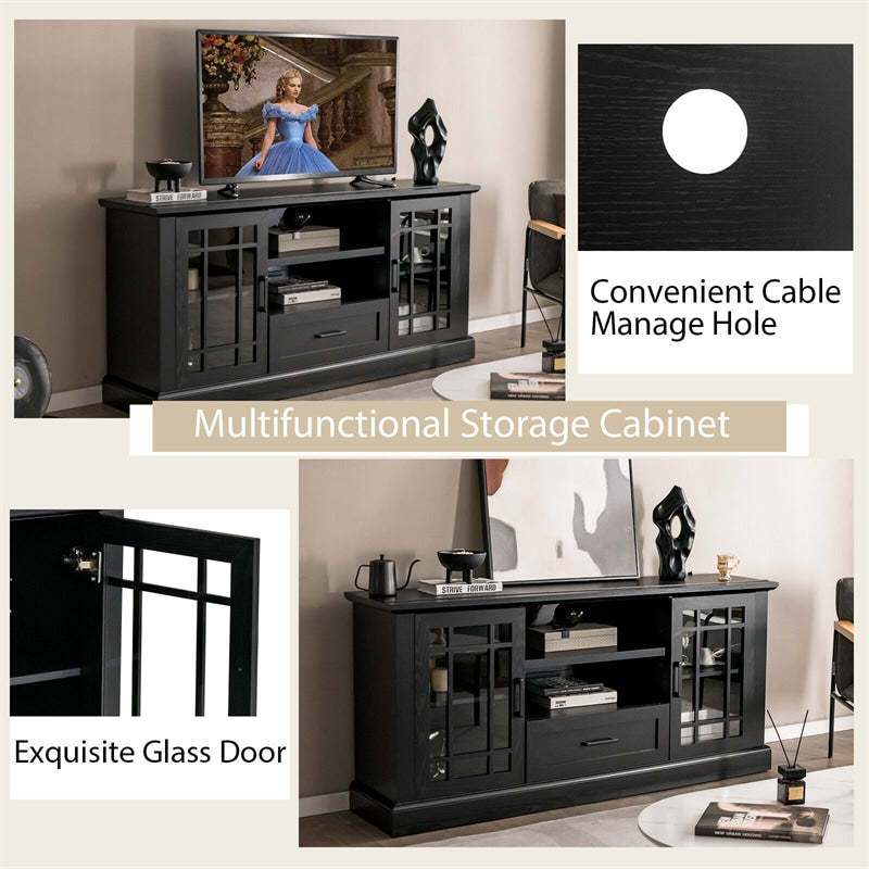 Farmhouse TV Stand for TVs up to 70", Entertainment Center Tall Media Console with 2 Glass Doors, Cubbies & Drawer, Living Room Storage Cabinet