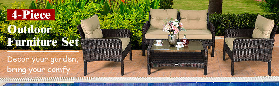 4 Piece Wicker Outdoor Furniture Set Rattan Patio Conversation Set with Coffee Table & Cushions