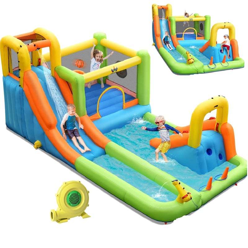 Inflatable Water Slide, 8-in-1 Mega Waterslide Park Bounce House with 735W Blower, Splash Pool & Long Slide for Backyard Parties, Kids & Adults