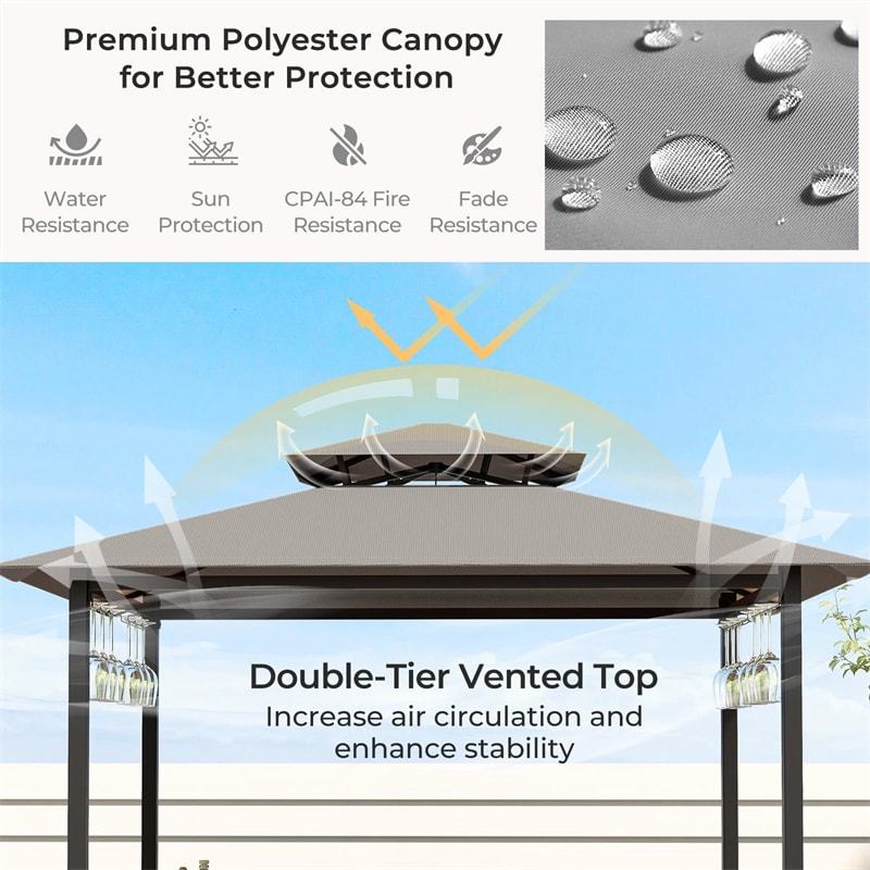 3 Piece Patio Bar Set, Grill Gazebo with 2 Bar Stools, Tempered Glass Bar Table, Double-Tier Canopy, Metal Storage Shelves for Garden, Poolside