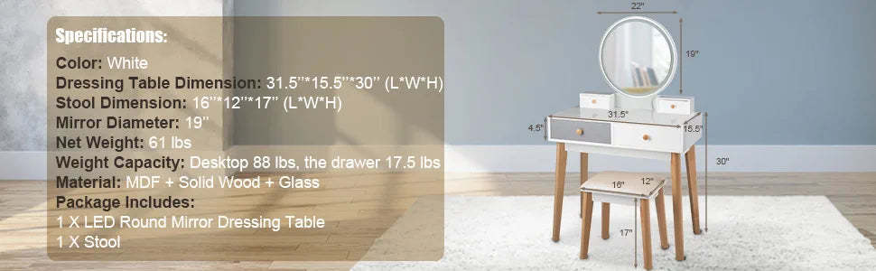 Bedroom Makeup Vanity Table Stool Set with 4 Drawers & 3-Color Touch Screen Dimming Mirror