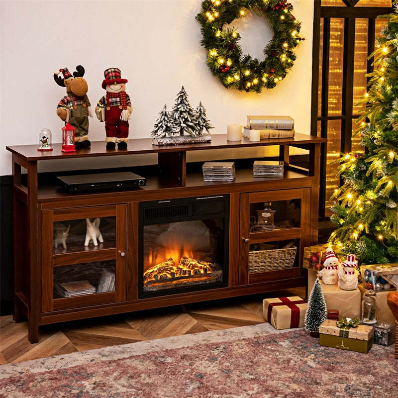 58" Fireplace TV Stand for TVs up to 65", Farmhouse Wood Media Console with 2 Cabinets & 4 Shelves, Entertainment Center for 18" Fireplace