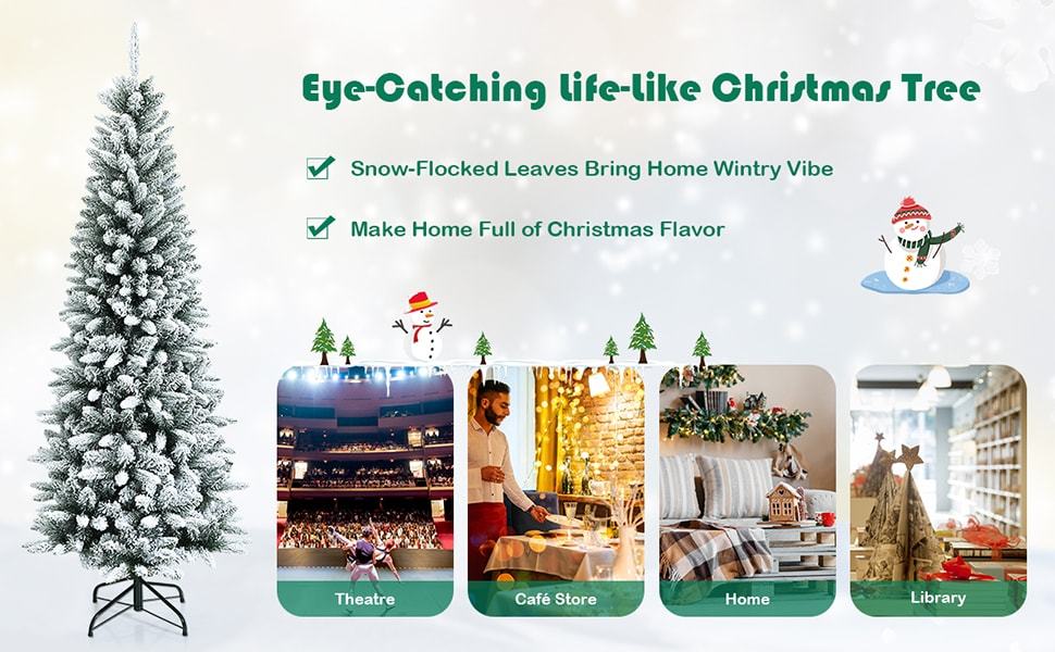 7.5ft Snow Flocked Pencil Christmas Tree Hinged Artificial Slim Xmas Tree with 1189 Branch Tips & Metal Stand