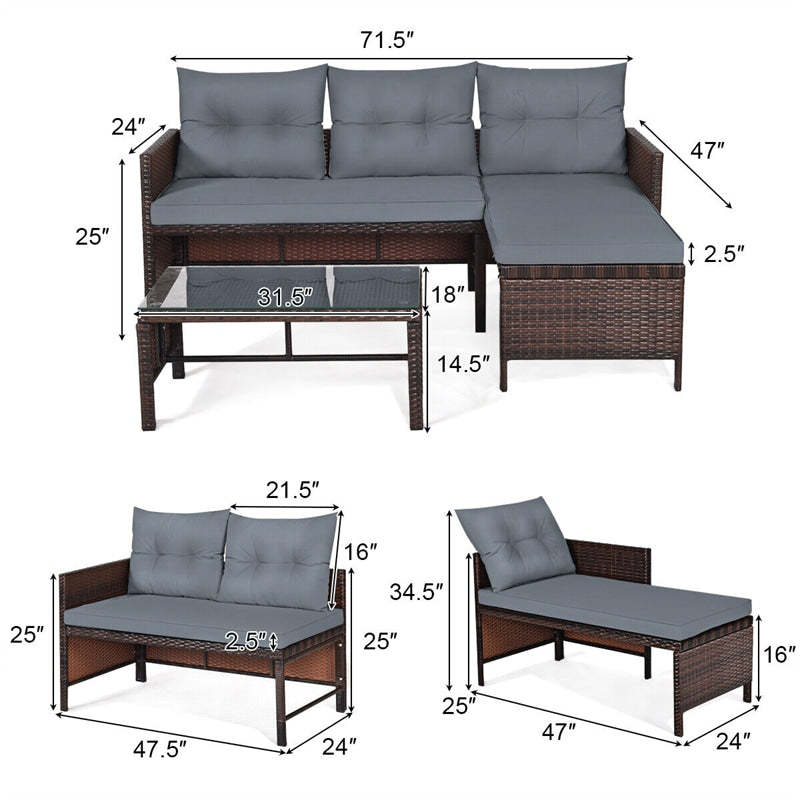 Bestoutdor 3 Pcs Outdoor PE Rattan Furniture Set Corner Sofa Set