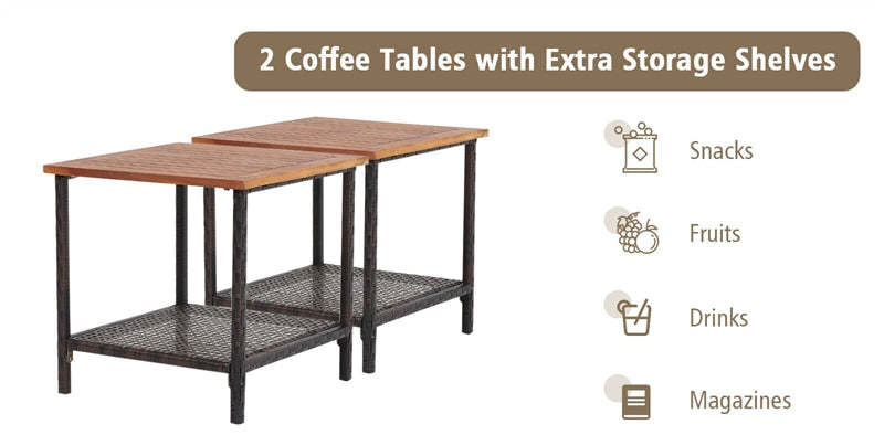 7 Piece PE Wicker Outdoor Conversation Set with 2 Storage Side Tables & 2 Ottomans