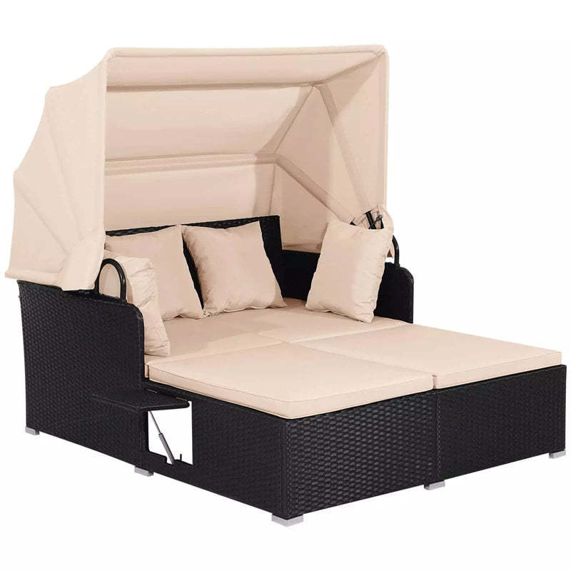 Outdoor Wicker Daybed, Hand-Woven Rattan Daybed with Retractable Canopy, 2 Side Tables, Soft Cushions, Chaise Loveseat for Garden Backyard