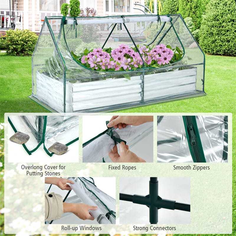 Galvanized Steel Raised Garden Bed Outdoor Metal Planter Box Kit Bottomless Flower Bed with Mini Greenhouse & Large Roll-up PVC Cover