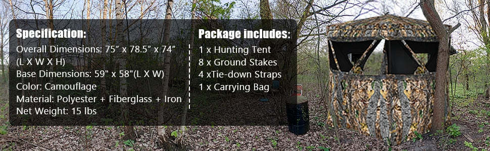 3-Person Portable Hunting Blind Pop-up Ground Blind Camouflage Hunting Tent with Triangular Mesh Window & Carrying Bag