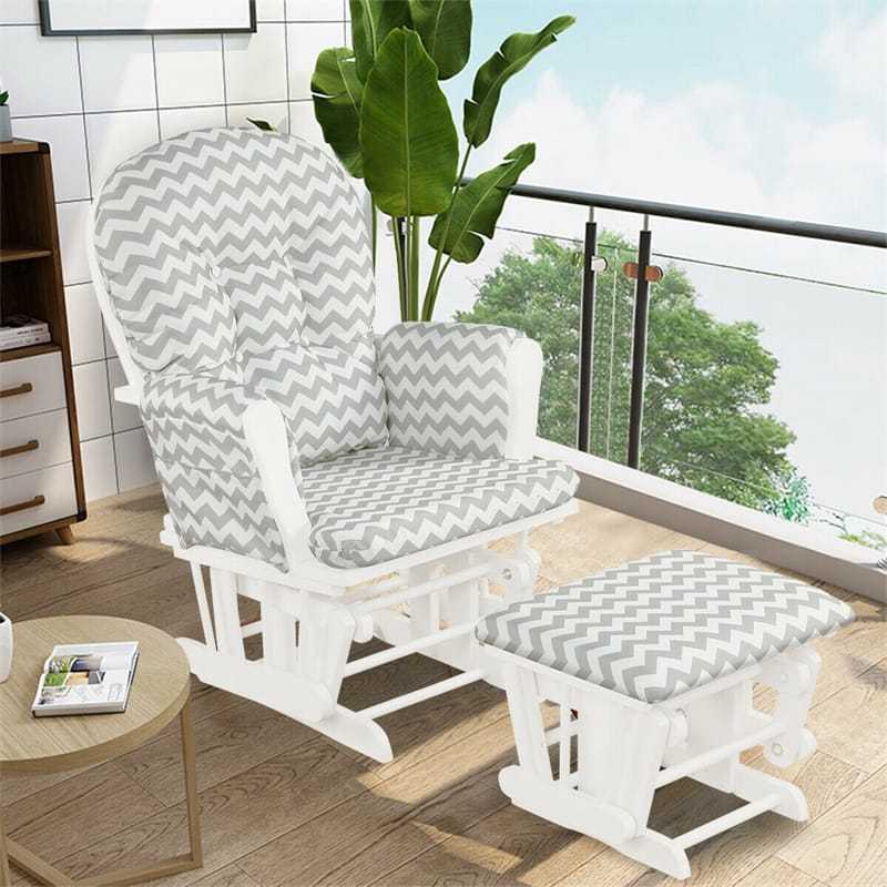 Wood Nursery Glider Chair & Ottoman Set, Upholstered Glider Rocker with Padded Cushion, Storage Pocket, Modern Rocking Chair for Nursery