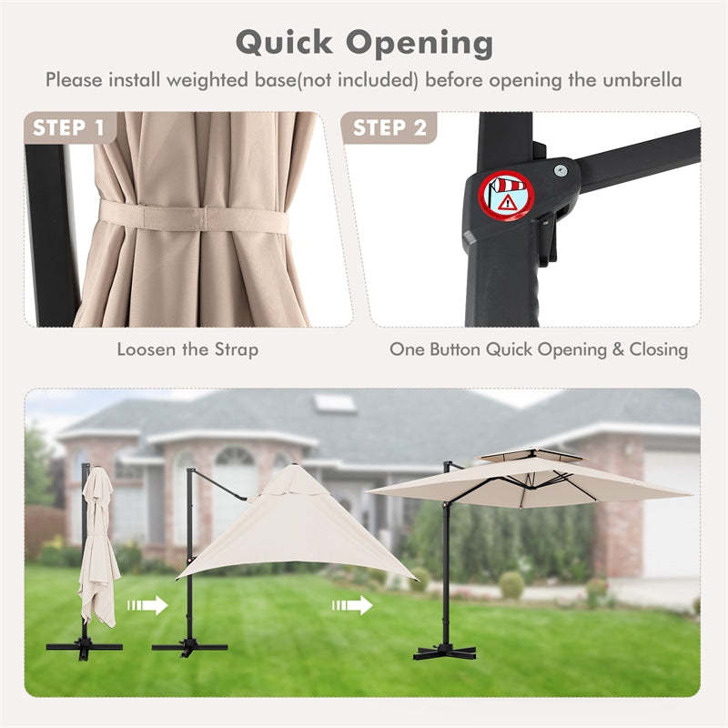 9.5FT Square Double Top Cantilever Umbrella Heavy Duty Offset Hanging Patio Umbrella with 360° Rotation & Cross Base