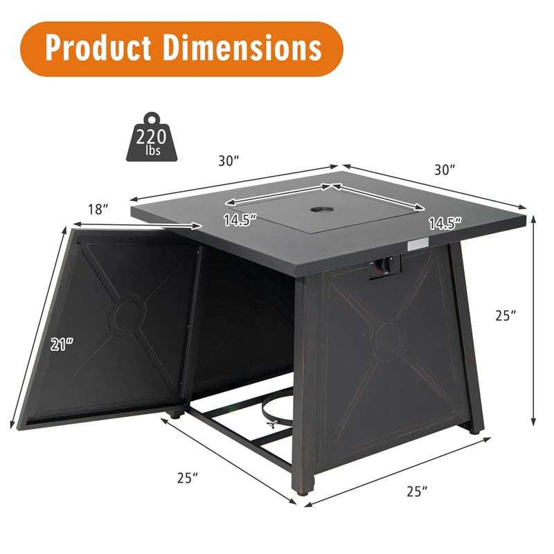 30" Square Propane Fire Pit Table, 50,000 BTU Outdoor Gas Fire Pit with Waterproof PVC Cover, Stainless Steel Burner, Lava Rocks & CSA/ETL Certified