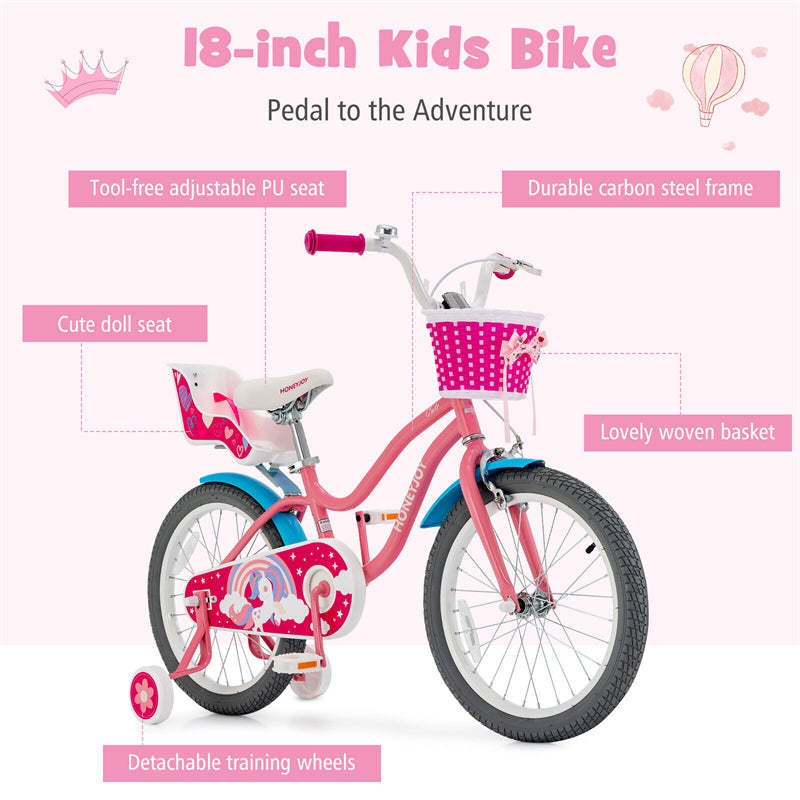 18 Inches Kids Bike Steel Frame Children Bicycle with Removable Training Wheels & Adjustable Seat