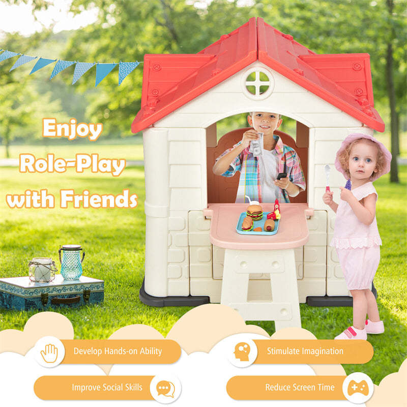 Kids Playhouse, Cottage Pretend Play House with 7PCS Toy Set, Picnic Table & Waterproof Cover for Indoor Outdoor, Boys & Girls Gifts