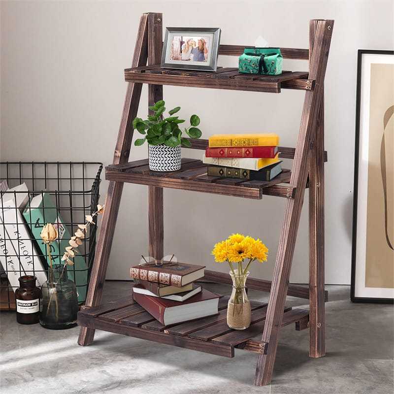3 Tier Folding Wood Plant Stand Flower Pot Holder Display Rack Foldable Rustic Ladder Shelf for Home Patio Balcony Garden