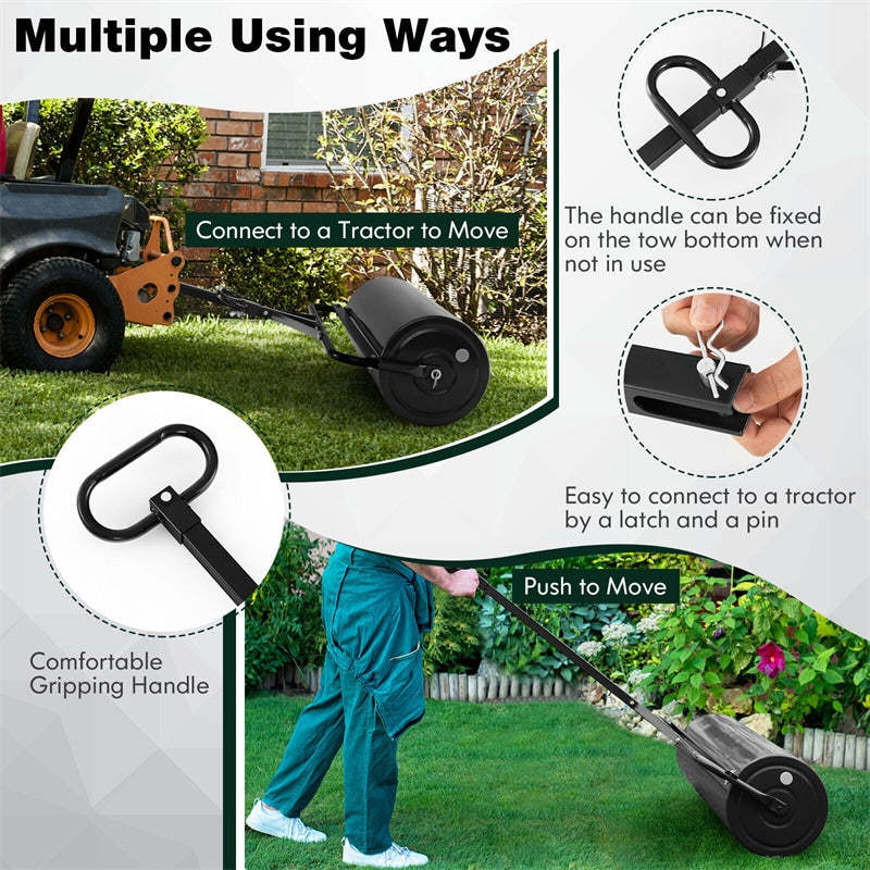 Push/Tow-Behind Lawn Roller with Detachable Handle 17 Gallon Water/Sand-Filled Sod Drum Roller for Garden Yard Park Farm