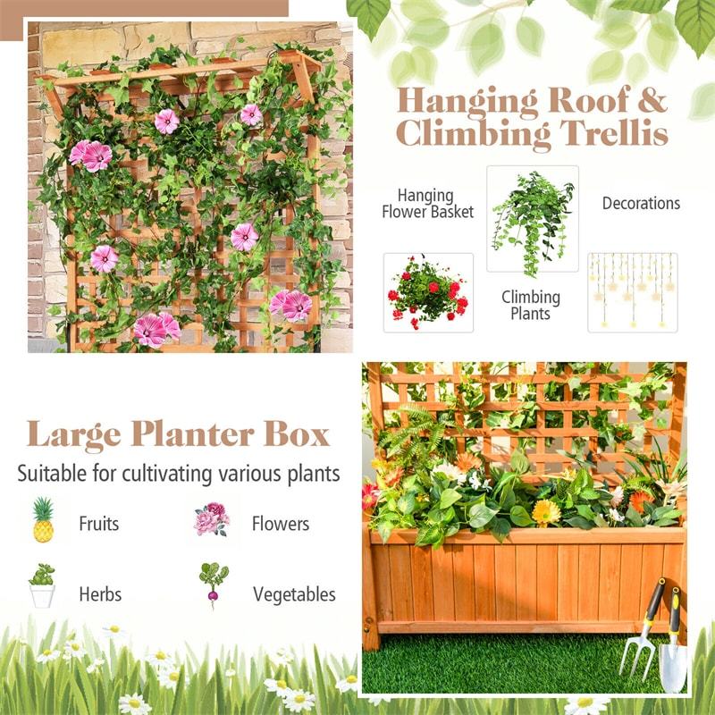72.5" Wooden Raised Garden Bed with Trellis & Roof, Freestanding Planter Box with Drainage Holes for Climbing Plants, Yard, Balcony, Indoor & Outdoor