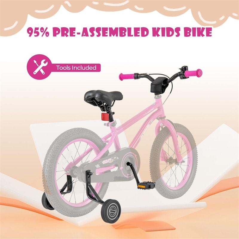 16-Inch Kids Bike, Sports Bicycle for 4-7 Years Old with Height Adjustable Seat, Fully Enclosed Chain Guard & Removable Training Wheels
