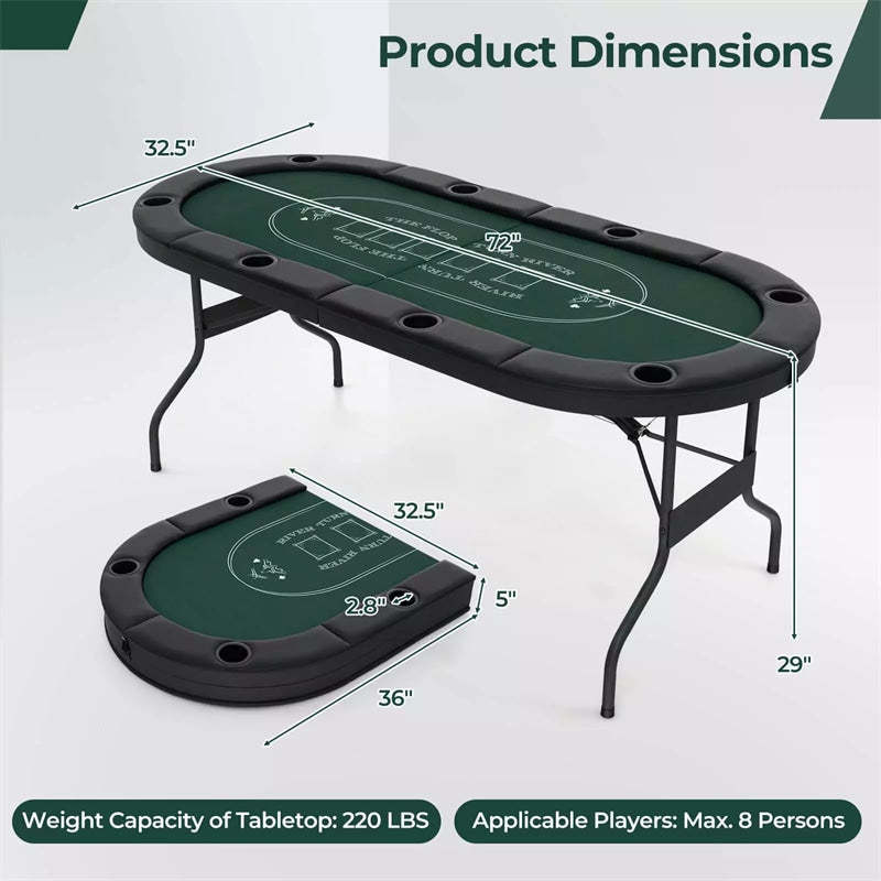 72" Foldable Poker Table, 8-Player Texas Holdem Card Table with Cup Holders, Casino Grade Felt, Portable Oval Blackjack Table for Home Game Room