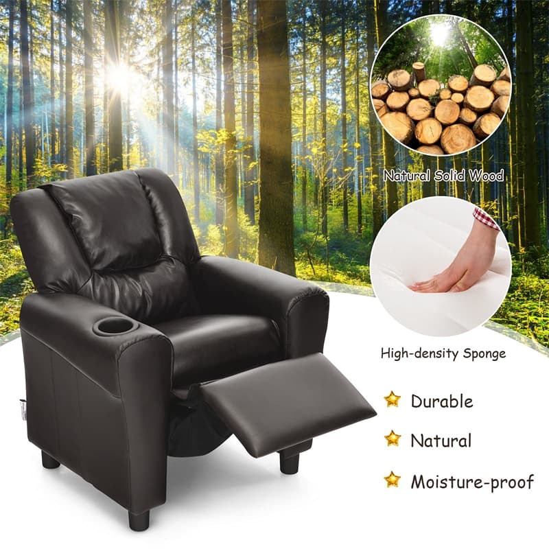 Kids Recliner Chair with Cup Holder, Armrests & Retractable Footrest, Children PU Leather Sofa Armchair, Ergonomic Toddler Room Furniture