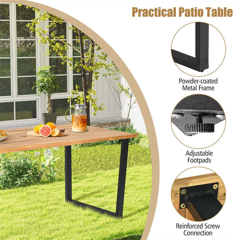 Acacia Wood Patio Dining Table 6 Person Rectangle Indoor Outdoor Table with 2” Umbrella Hole & Metal Legs